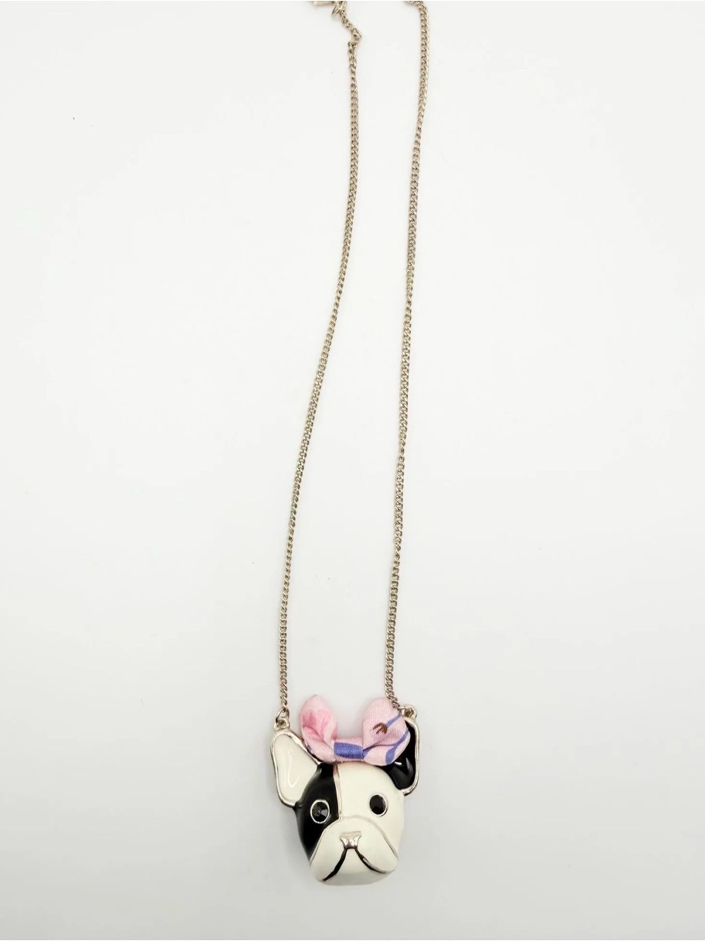 Betsey Johnson Black and White Enamel Pink Bow Bulldog Puppy Dog Necklace